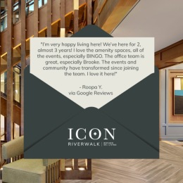 a review of Icon Riverwalk with a picture of a a lobby behind it