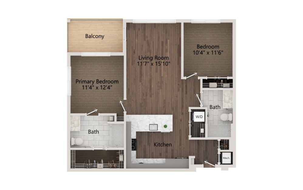 Turing - 2 bedroom floorplan layout with 2 baths and 1131 square feet.