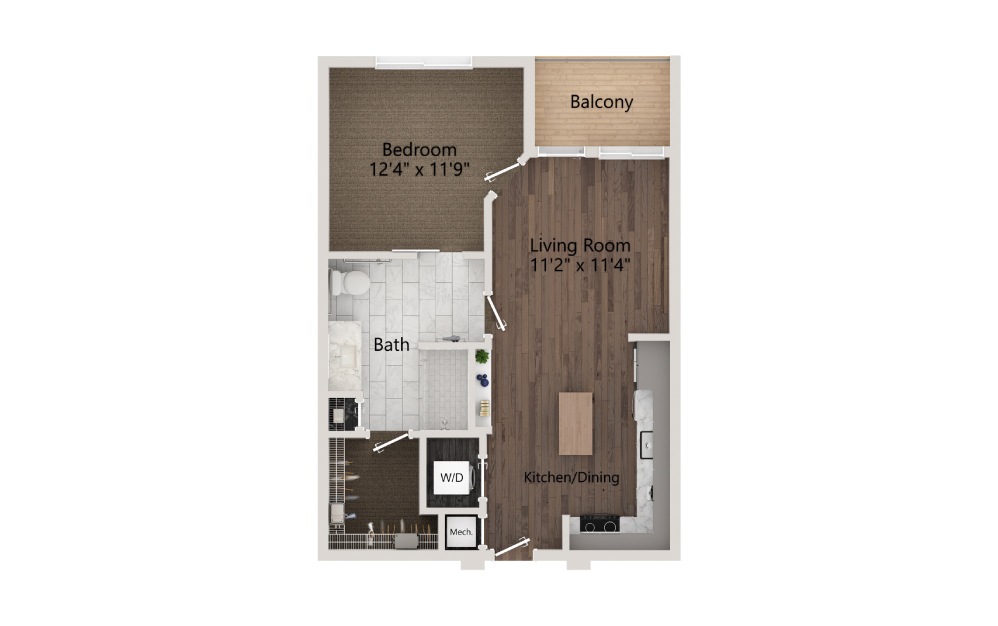 Greene - 1 bedroom floorplan layout with 1 bath and 701 square feet.