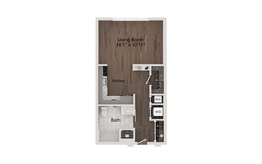 Julia - Studio floorplan layout with 1 bath and 527 square feet.