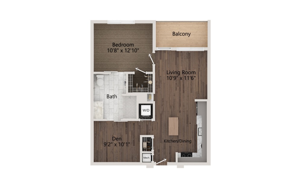 Stewart - 1 bedroom floorplan layout with 1 bath and 796 square feet.