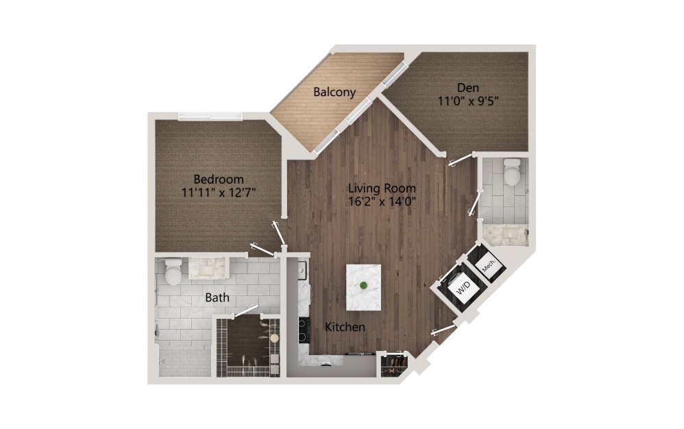Stockton - 1 bedroom floorplan layout with 1.5 bath and 952 square feet.